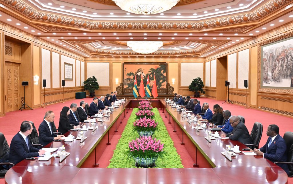 Chinese President Xi Jinping meets with President of the Council of Ministers of Togo Faure Essozimna Gnassingb&eacute;, who is on an official visit to China, at the Great Hall of the People in Beijing, capital of China, Oct. 13, 2026. (Xinhua/Yue Yuewei)