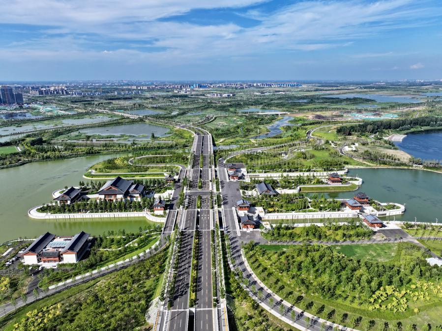 An aerial drone photo taken on Aug. 4, 2026 shows a view of the Nanhe water conservancy hub in Xiong