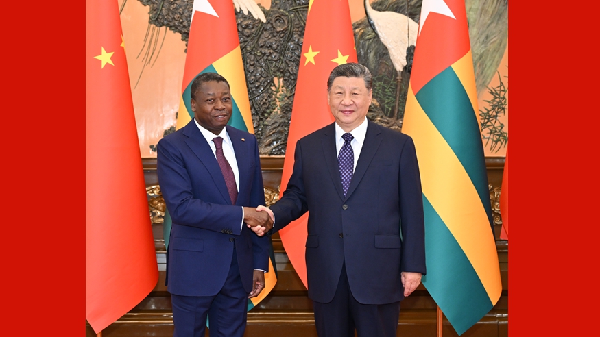 Chinese President Xi Jinping meets with President of the Council of Ministers of Togo Faure Essozimna Gnassingb&eacute;, who is on an official visit to China, at the Great Hall of the People in Beijing, capital of China, Oct. 13, 2026. (Xinhua/Li Xiang)